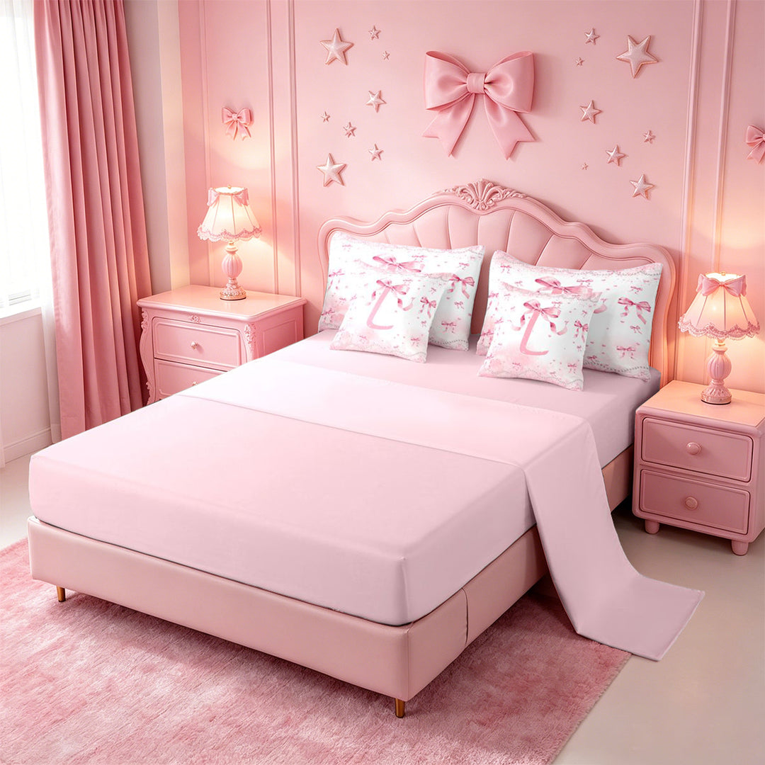 meiyoeat Pink Ribbon Bow 7 Pieces Full Size Bedding Sets,Glitter Print 3D Initial Letter L Kids Full Size Bed in a Bag For Girl,Pink Reversible