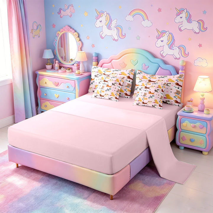meiyoeat Cute Pet Dogs 7 Pieces Full Size Bedding Sets For Girls,Kawaii Animals Full Size Bed in a Bag For Kids,Pink Reversible