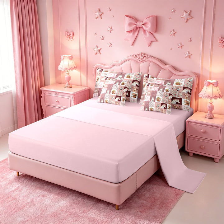 meiyoeat Farm Animal Horse Cow 7 Pieces Full Size Bedding Sets,Romantic Pink Flowers Full Size Bed in a Bag For Girl,Reversible