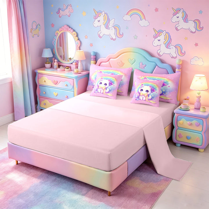 meiyoeat 3D Kawaii Cat 7 Pieces Full Size Bedding Sets For Girls,Rainbow Sparkling Print Full Size Bed in a Bag For Kids,Pink Reversible