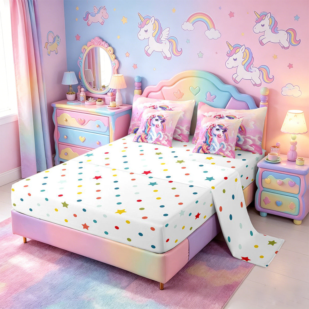 meiyoeat Colorful Magical Unicorn 7 Pieces Full Size Bedding Sets For Kids,Cute Animals Full Size Bed in a Bag For Girls,Colorful Stars Reversible