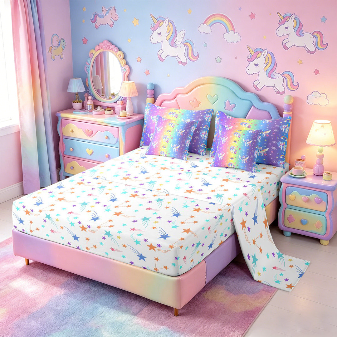 meiyoeat Colorful Kawaii Unicorn 7 Pieces Full Size Bedding Sets For Girls,Dreamy Rainbow Gradient Stripes Full Size Bed in a Bag For Kids,Colorful Stars Reversible