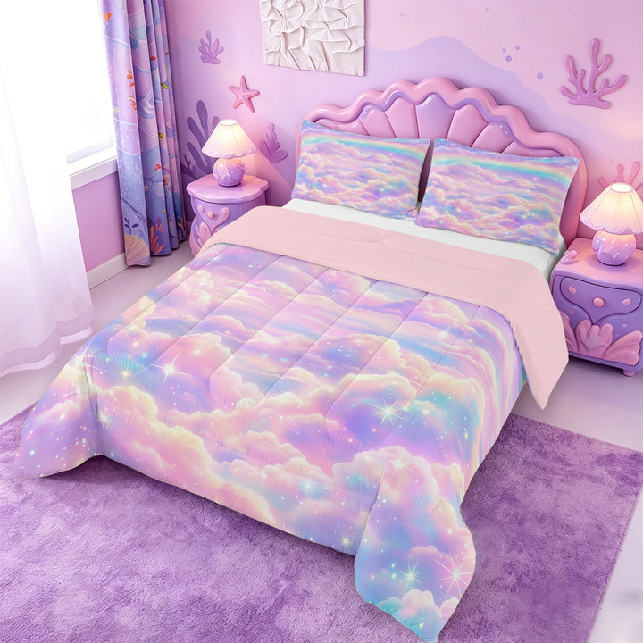 meiyoeat Pastel Cloud Star Full Size Comforter Sets,Colorful Rainbow Pattern Bedding Comforter Set For Girl,Reversible,3pcs,1 Comforter and 2 Pillowcases