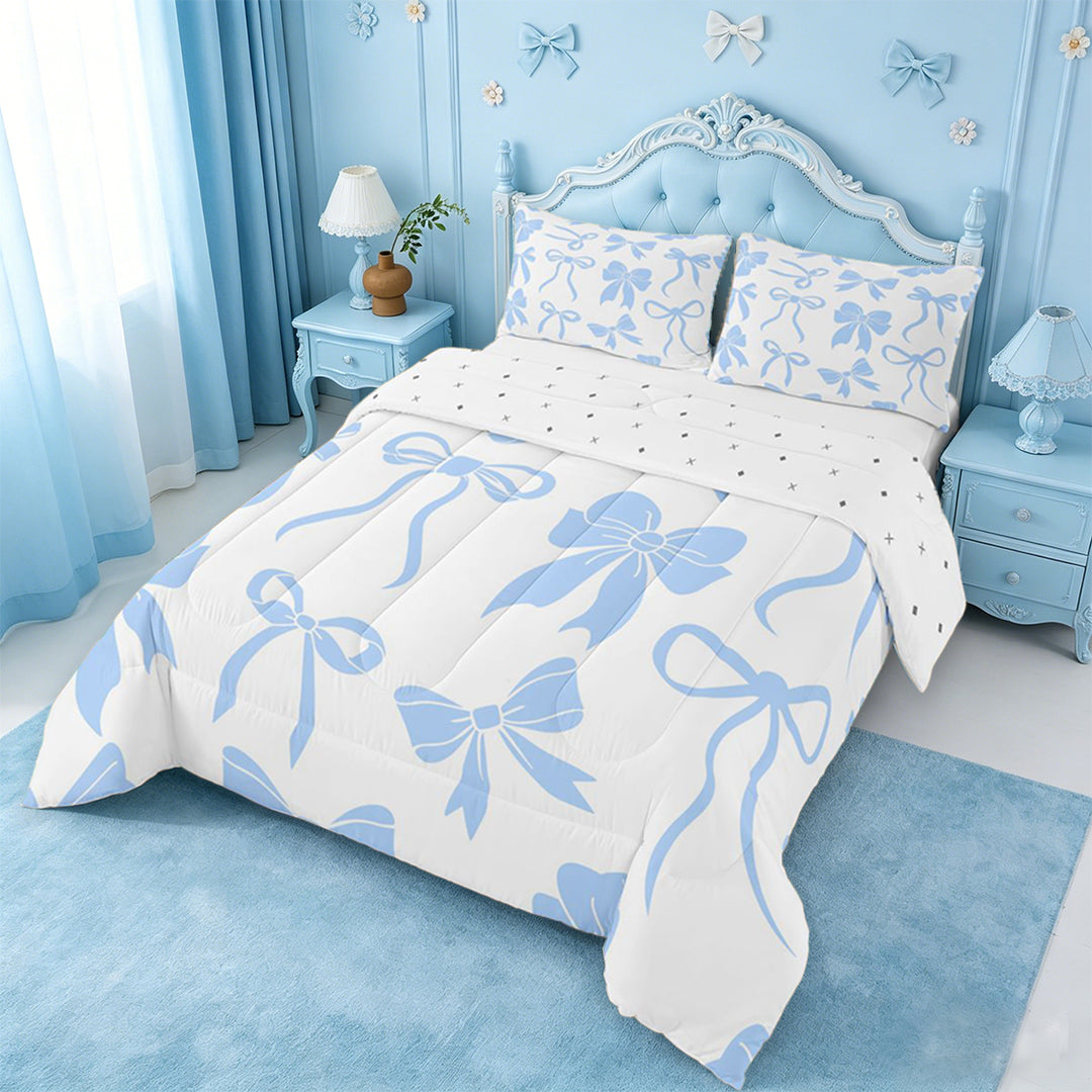 meiyoeat Blue Lovely Bow Full Size Comforter Sets For Girls,Dreamy Princess Bowknot Bedding Comforter Set For Kids,Reversible,3-Piece