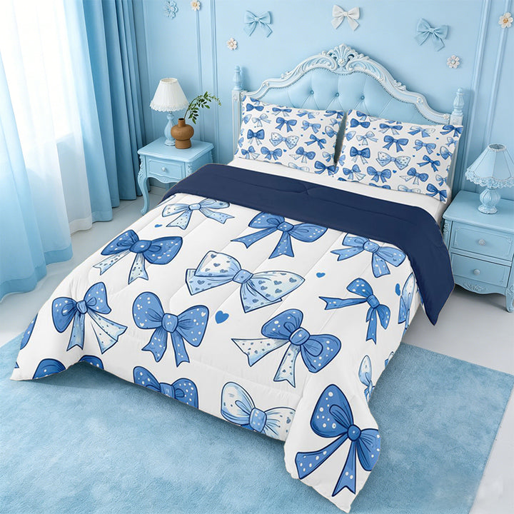 meiyoeat Polka Dots Bow Full Size Comforter Sets For Girls,Vintage Cute Coquette Bowknot Bedding Comforter Set For Kids,Navy Blue Reversible,3pcs