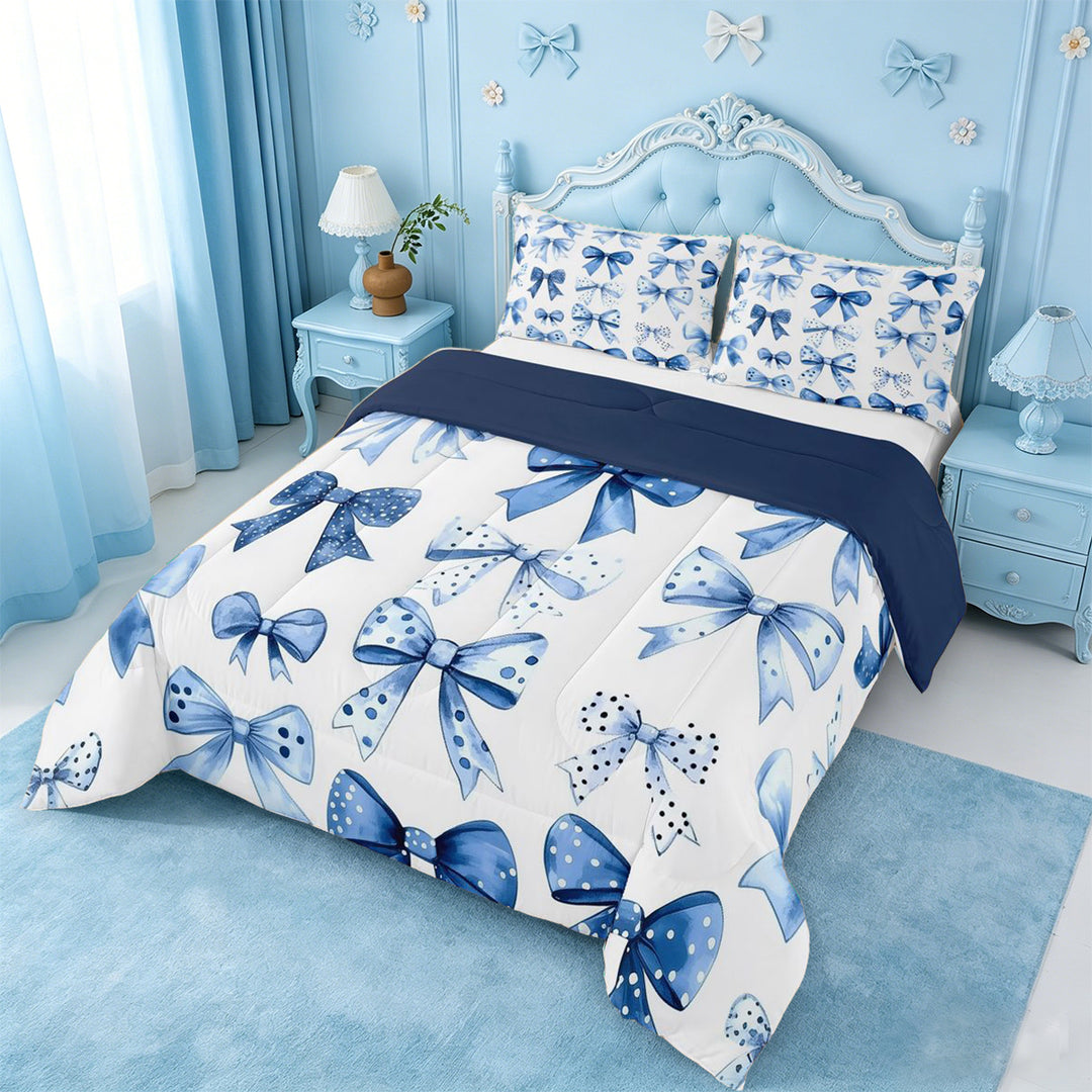 meiyoeat Cute Polka Dots Bow Full Size Comforter Sets For Girls,Blue Coquette Bowknot Bedding Comforter Set For Kids,Navy Blue Reversible,3-Piece