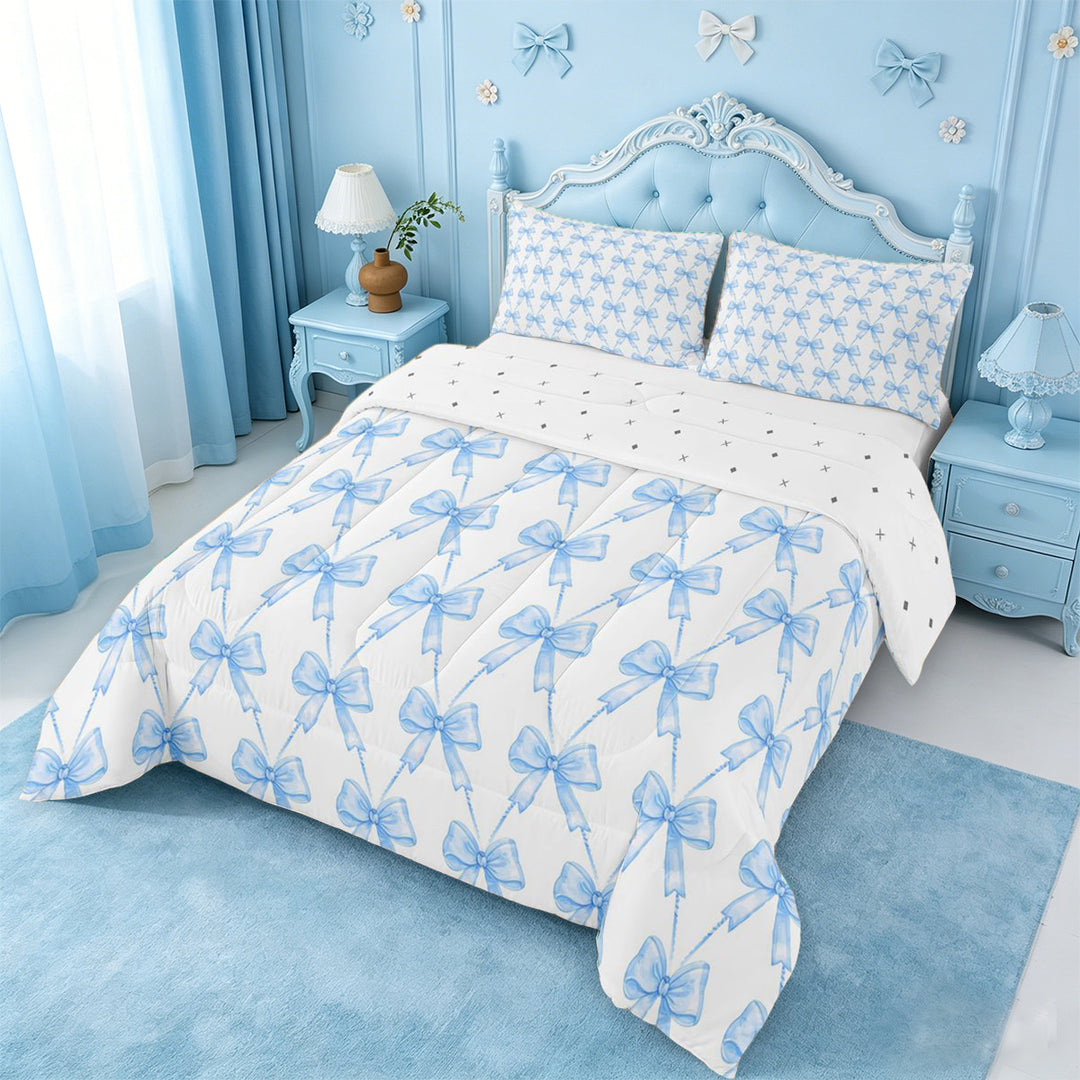 meiyoeat Blue Bowknot Full Size Comforter Sets For Kids Girls,Cute Ribbon Bows Bedding Comforter Set For Bowtie Lovers,Reversible,3 Pieces