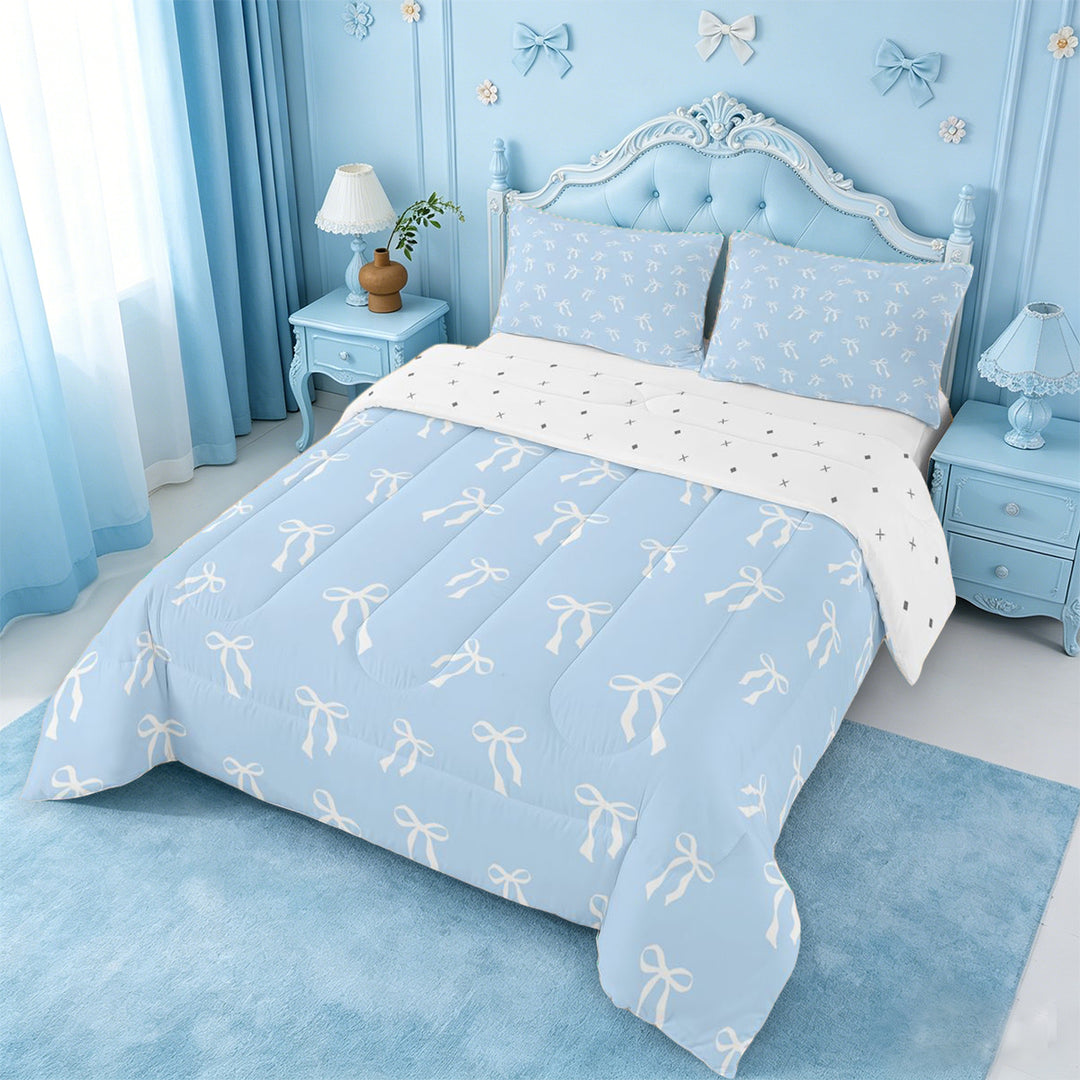 meiyoeat Girly Ribbon Bowknot Full Size Comforter Sets For Girls,Kawaii Bowtie Bedding Comforter Set For Kids,Reversible,3 Pieces