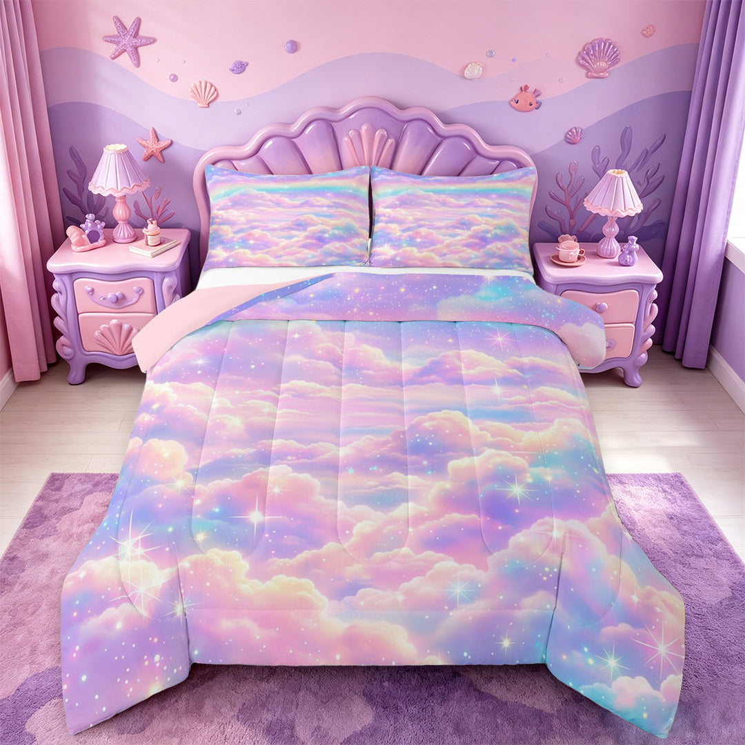 meiyoeat Pastel Cloud Star Full Size Comforter Sets,Colorful Rainbow Pattern Bedding Comforter Set For Girl,Reversible,3pcs,1 Comforter and 2 Pillowcases