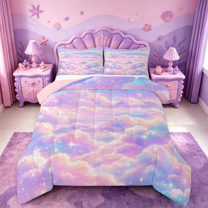 meiyoeat Pastel Cloud Star Full Size Comforter Sets,Colorful Rainbow Pattern Bedding Comforter Set For Girl,Reversible,3pcs,1 Comforter and 2 Pillowcases
