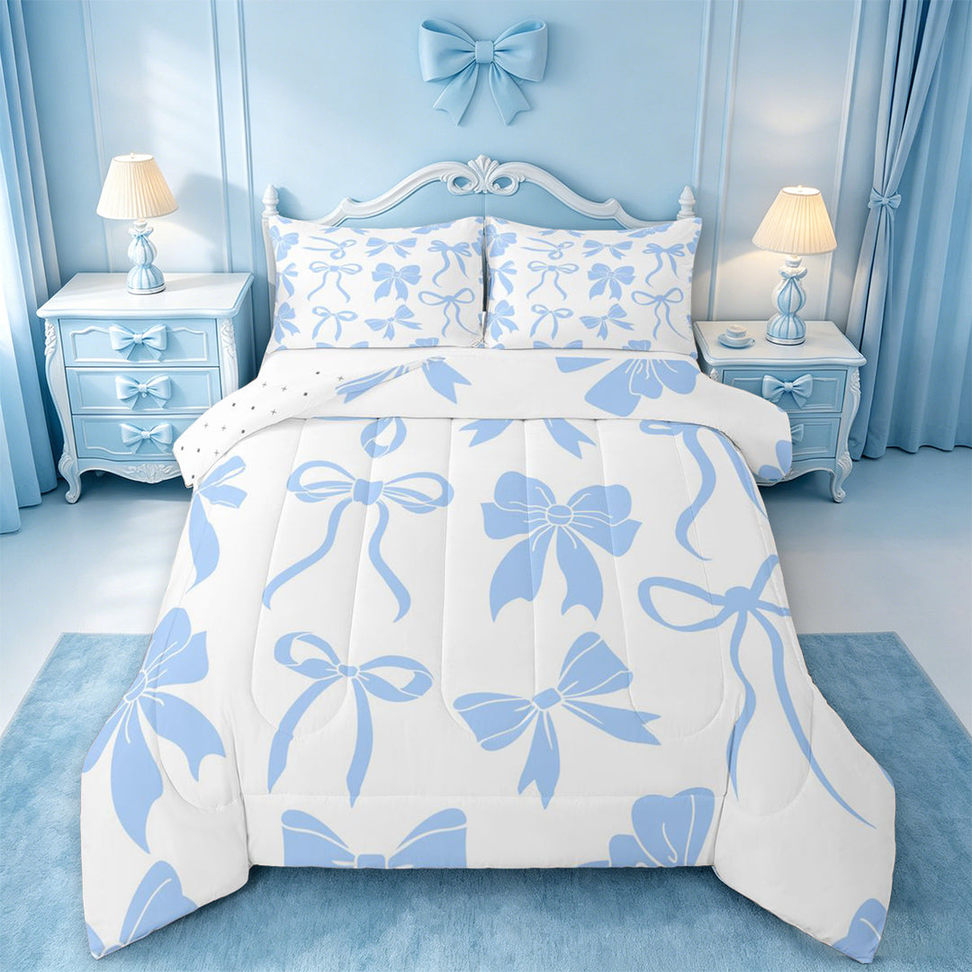 meiyoeat Blue Lovely Bow Full Size Comforter Sets For Girls,Dreamy Princess Bowknot Bedding Comforter Set For Kids,Reversible,3-Piece