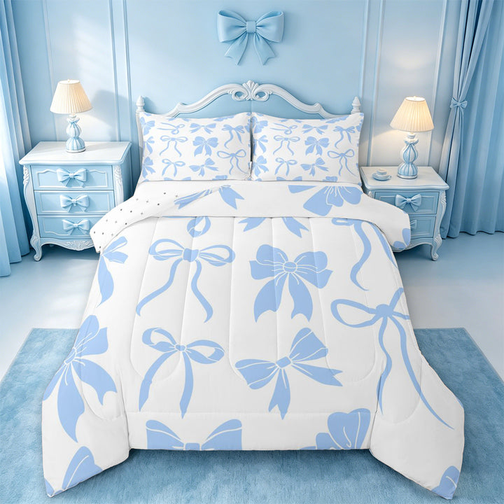 meiyoeat Blue Lovely Bow Full Size Comforter Sets For Girls,Dreamy Princess Bowknot Bedding Comforter Set For Kids,Reversible,3-Piece