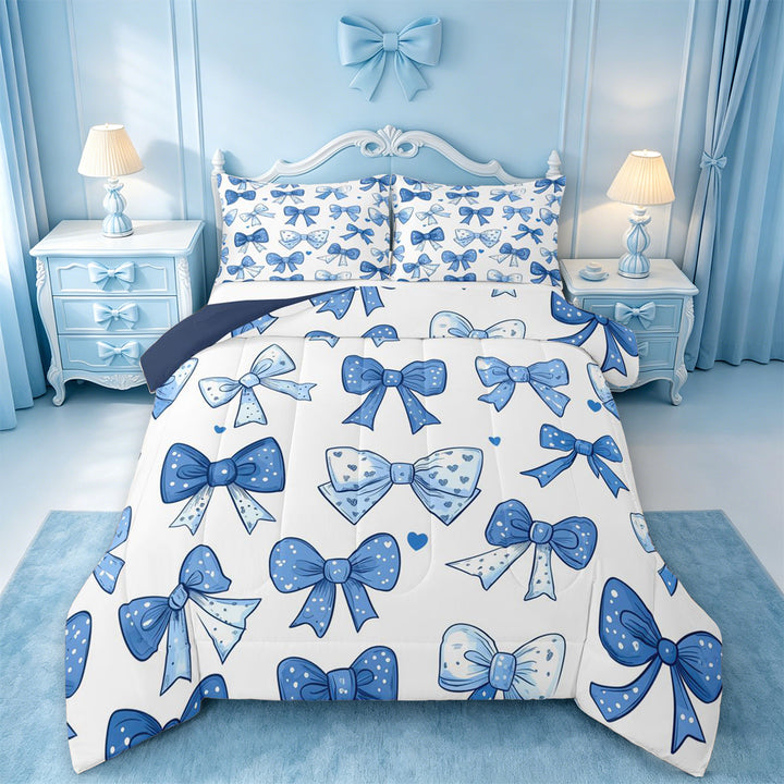 meiyoeat Polka Dots Bow Full Size Comforter Sets For Girls,Vintage Cute Coquette Bowknot Bedding Comforter Set For Kids,Navy Blue Reversible,3pcs