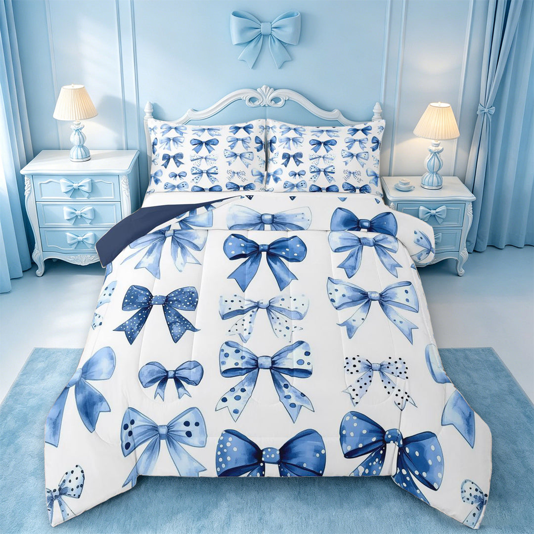 meiyoeat Cute Polka Dots Bow Full Size Comforter Sets For Girls,Blue Coquette Bowknot Bedding Comforter Set For Kids,Navy Blue Reversible,3-Piece