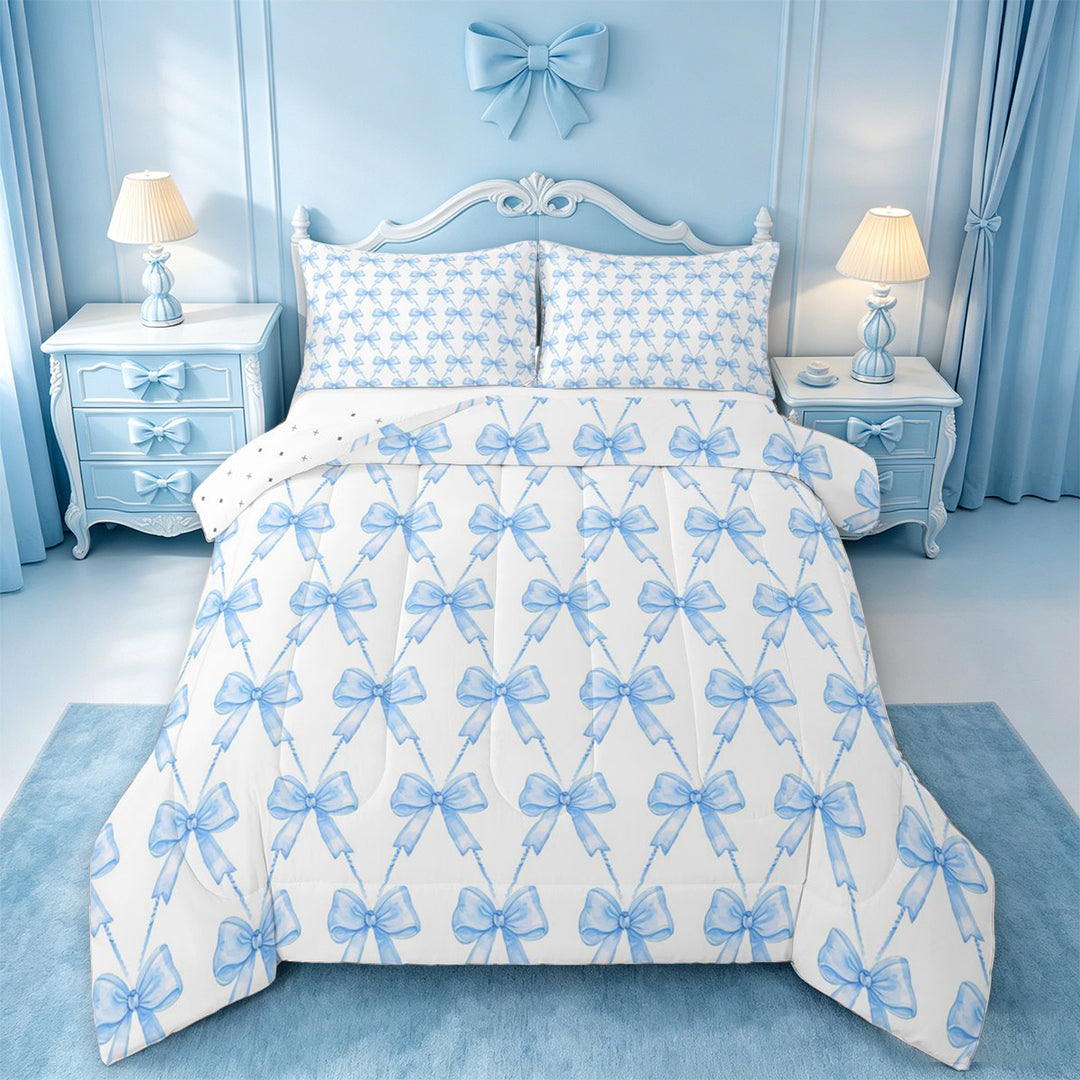 meiyoeat Blue Bowknot Full Size Comforter Sets For Kids Girls,Cute Ribbon Bows Bedding Comforter Set For Bowtie Lovers,Reversible,3 Pieces