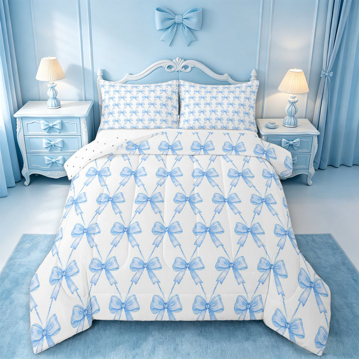 meiyoeat Blue Bowknot Full Size Comforter Sets For Kids Girls,Cute Ribbon Bows Bedding Comforter Set For Bowtie Lovers,Reversible,3 Pieces