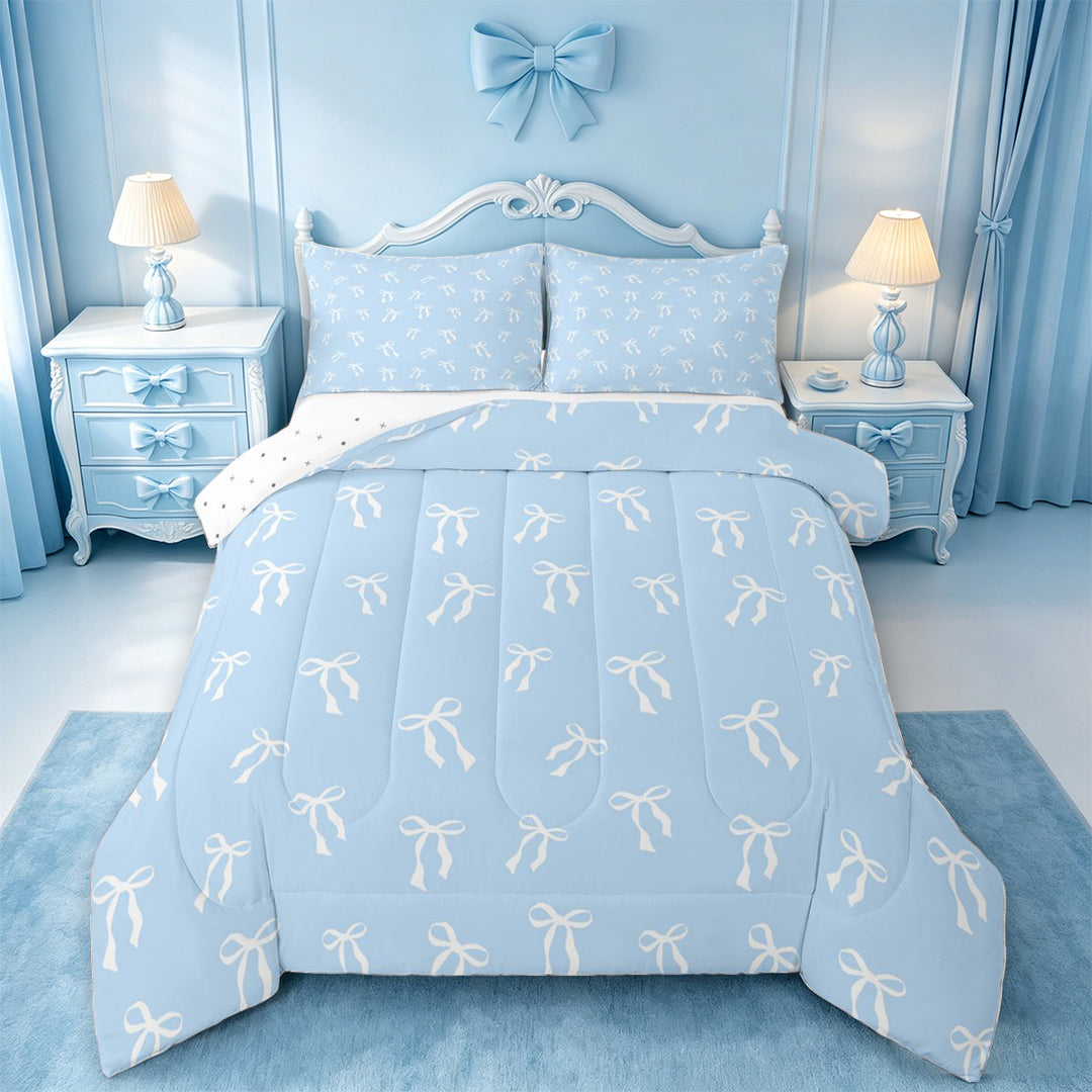 meiyoeat Girly Ribbon Bowknot Full Size Comforter Sets For Girls,Kawaii Bowtie Bedding Comforter Set For Kids,Reversible,3 Pieces