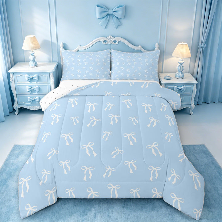 meiyoeat Girly Ribbon Bowknot Full Size Comforter Sets For Girls,Kawaii Bowtie Bedding Comforter Set For Kids,Reversible,3 Pieces
