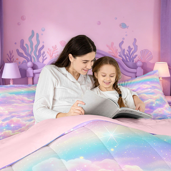 meiyoeat Pastel Cloud Star 7 Pieces Full Size Bedding Sets,Colorful Rainbow Pattern Full Size Bed in a Bag For Girl,Reversible