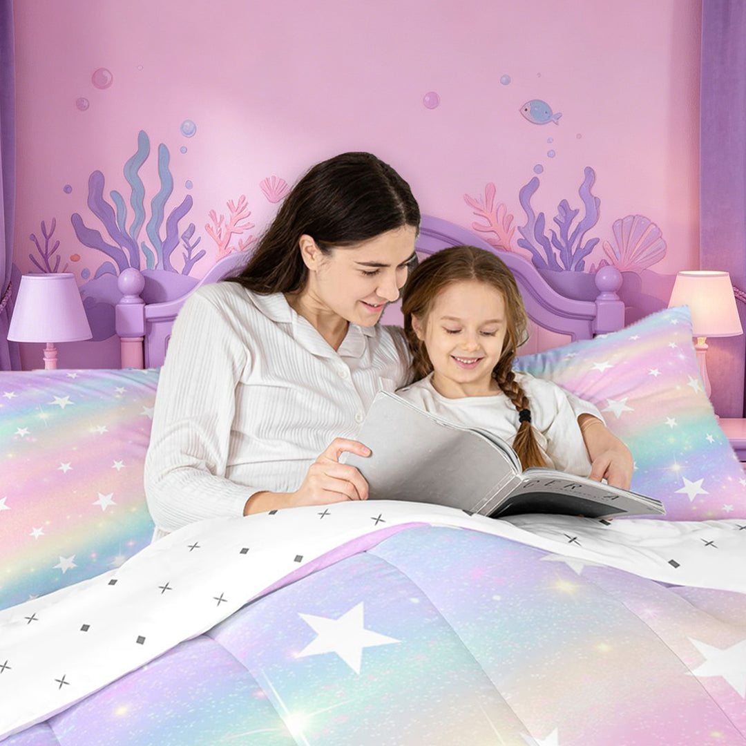 meiyoeat Colorful Gradient 7 Pieces Full Size Bedding Sets,Cute Rainbow Stars Print Full Size Bed in a Bag For Girl,Reversible