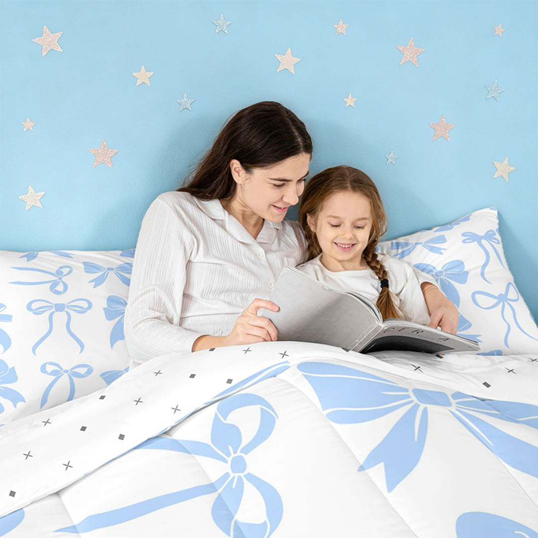 meiyoeat Blue Lovely Bow Full Size Comforter Sets For Girls,Dreamy Princess Bowknot Bedding Comforter Set For Kids,Reversible,3-Piece