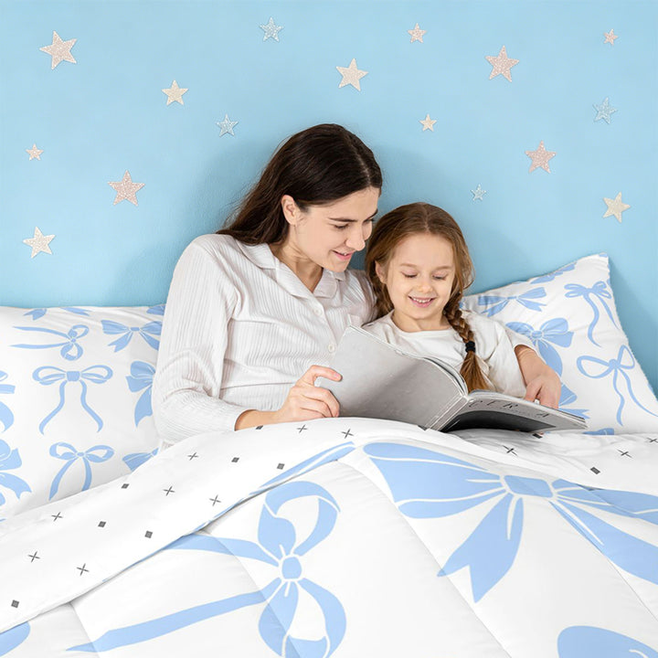 meiyoeat Blue Lovely Bow Full Size Comforter Sets For Girls,Dreamy Princess Bowknot Bedding Comforter Set For Kids,Reversible,3-Piece