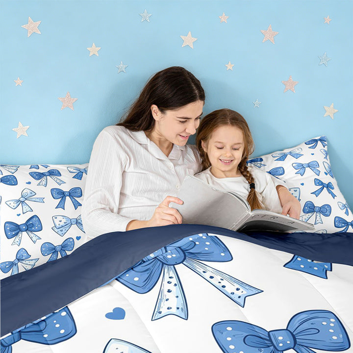 meiyoeat Polka Dots Bow Full Size Comforter Sets For Girls,Vintage Cute Coquette Bowknot Bedding Comforter Set For Kids,Navy Blue Reversible,3pcs