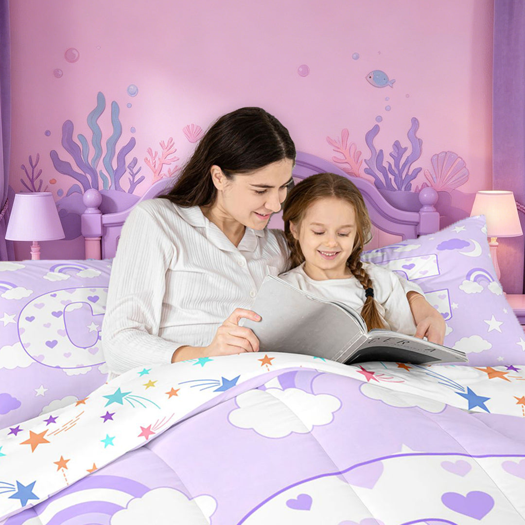 meiyoeat Purple Heart Monogrammed C 7 Pieces Full Size Bedding Sets,Rainbow Cloud Stars Letter Design Full Size Bed in a Bag For Girl,Colorful Stars Reversible