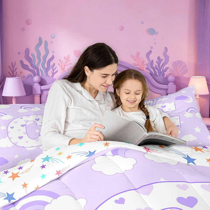 meiyoeat Purple Heart Monogrammed C 7 Pieces Full Size Bedding Sets,Rainbow Cloud Stars Letter Design Full Size Bed in a Bag For Girl,Colorful Stars Reversible