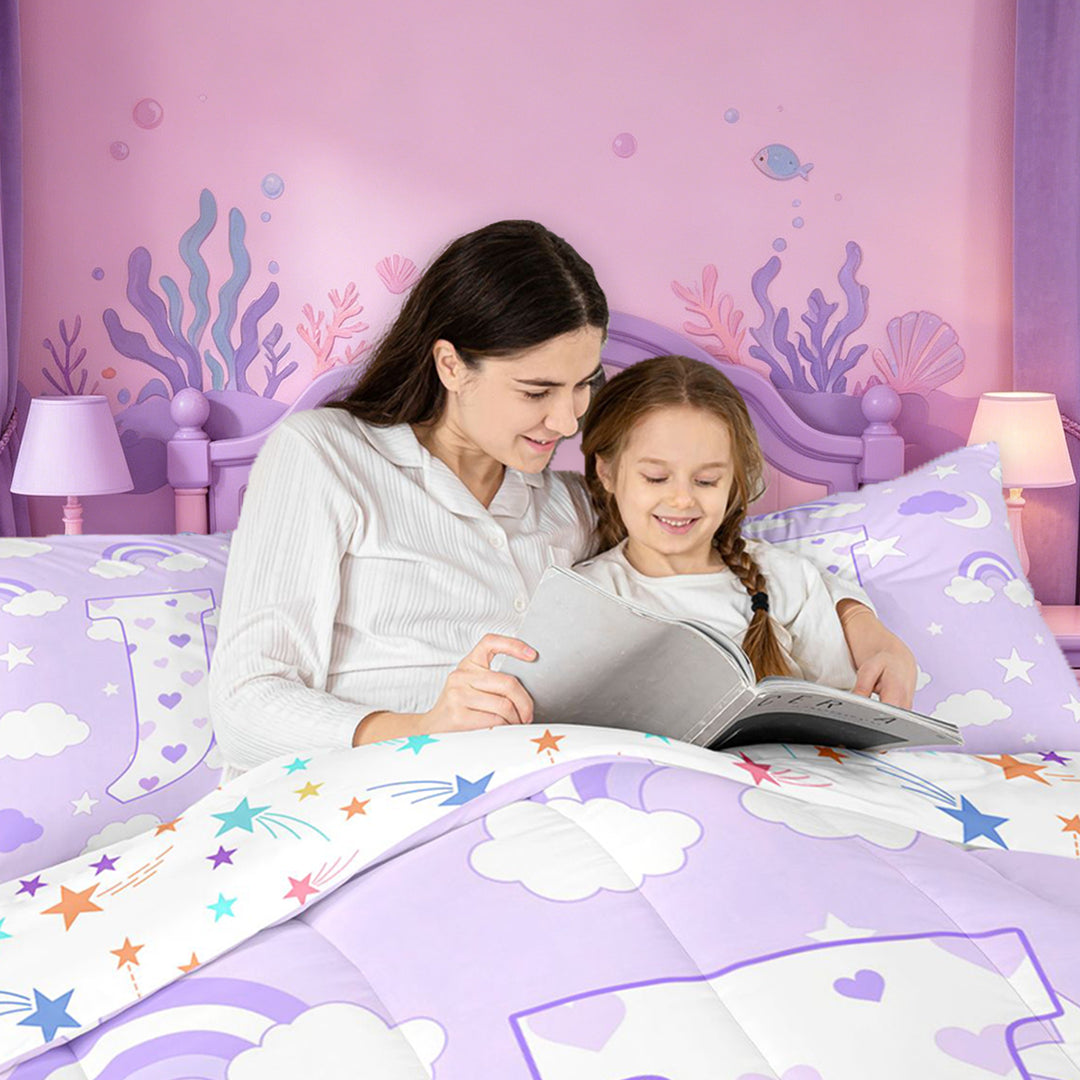 meiyoeat 3D Cartoon Heart Print 7 Pieces Full Size Bedding SetsPurple Initial Alphabet J Full Size Bed in a Bag For Girl,Colorful Stars Reversible