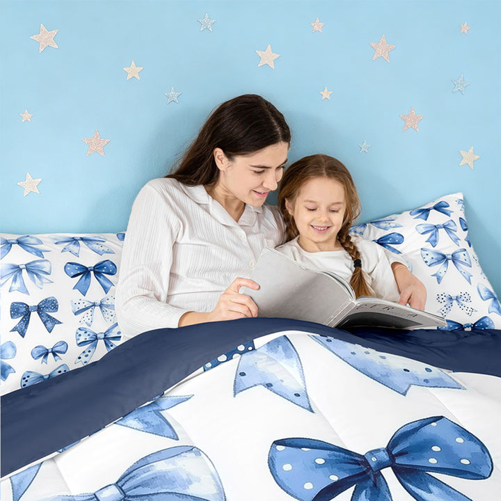 meiyoeat Cute Polka Dots Bow Full Size Comforter Sets For Girls,Blue Coquette Bowknot Bedding Comforter Set For Kids,Navy Blue Reversible,3-Piece