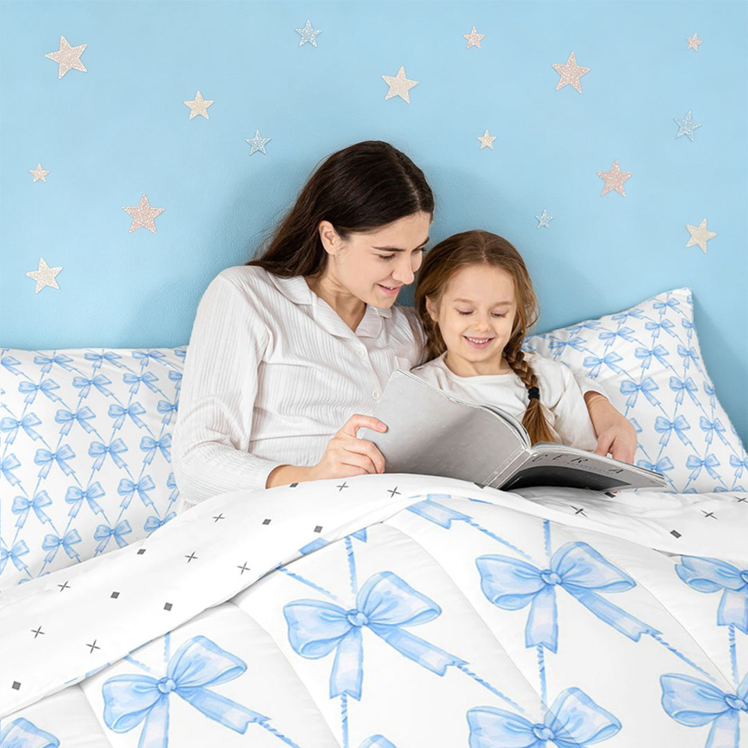 meiyoeat Blue Bowknot Full Size Comforter Sets For Kids Girls,Cute Ribbon Bows Bedding Comforter Set For Bowtie Lovers,Reversible,3 Pieces