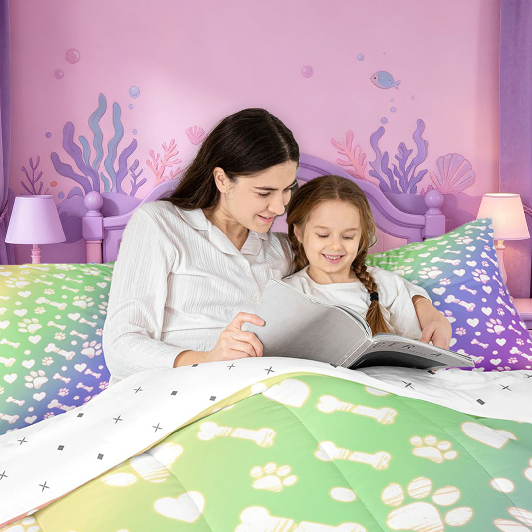 meiyoeat Rainbow Dog Paw Pattern 7 Pieces Full Size Bedding Sets,Cute Pet Print Full Size Bed in a Bag For Girl,Reversible