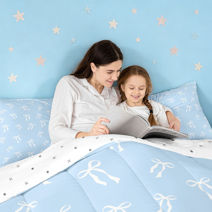 meiyoeat Girly Ribbon Bowknot Full Size Comforter Sets For Girls,Kawaii Bowtie Bedding Comforter Set For Kids,Reversible,3 Pieces