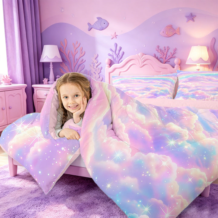 meiyoeat Pastel Cloud Star Full Size Comforter Sets,Colorful Rainbow Pattern Bedding Comforter Set For Girl,Reversible,3pcs,1 Comforter and 2 Pillowcases