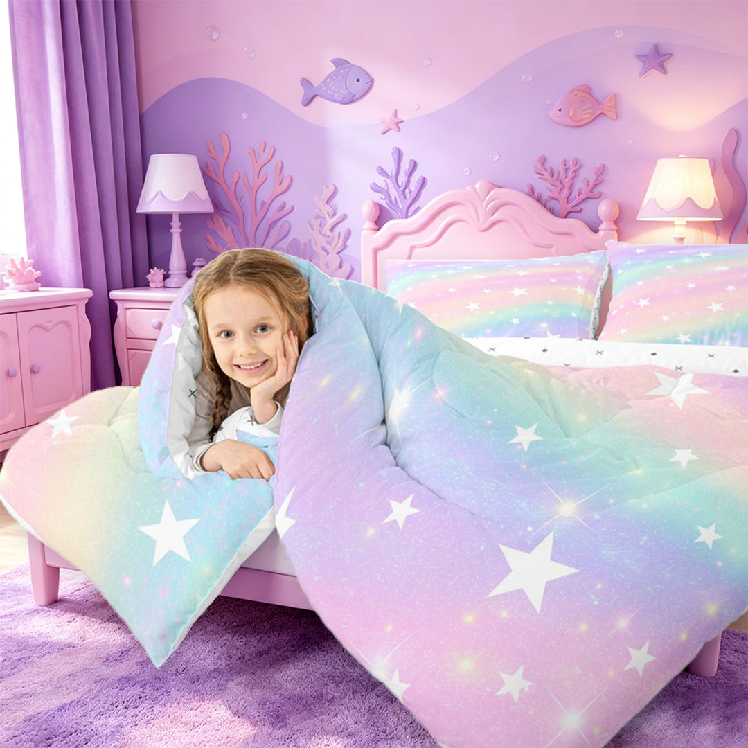 meiyoeat Colorful Gradient 7 Pieces Full Size Bedding Sets,Cute Rainbow Stars Print Full Size Bed in a Bag For Girl,Reversible