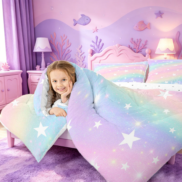 meiyoeat Colorful Gradient 7 Pieces Full Size Bedding Sets,Cute Rainbow Stars Print Full Size Bed in a Bag For Girl,Reversible