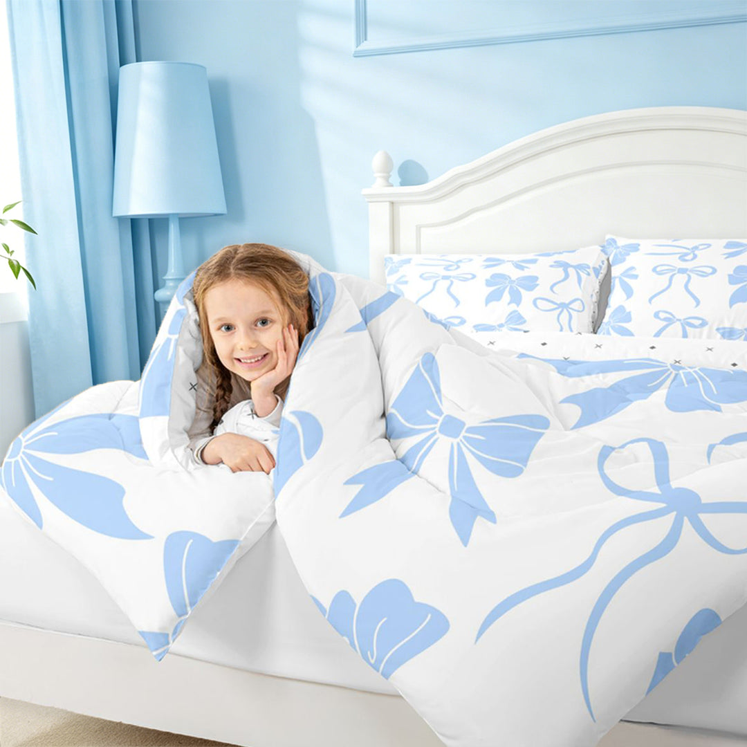 meiyoeat Blue Lovely Bow Full Size Comforter Sets For Girls,Dreamy Princess Bowknot Bedding Comforter Set For Kids,Reversible,3-Piece