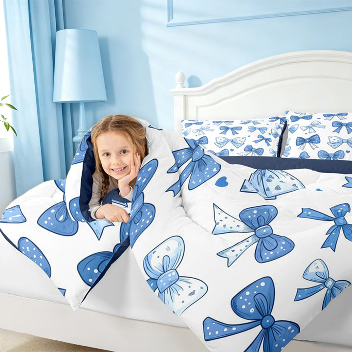 meiyoeat Polka Dots Bow Full Size Comforter Sets For Girls,Vintage Cute Coquette Bowknot Bedding Comforter Set For Kids,Navy Blue Reversible,3pcs