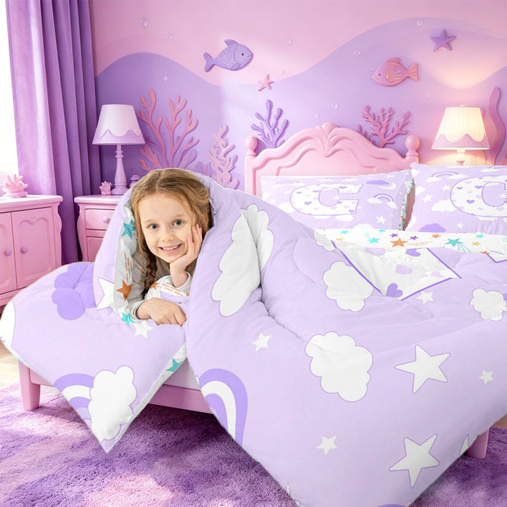 meiyoeat Purple Heart Monogrammed C 7 Pieces Full Size Bedding Sets,Rainbow Cloud Stars Letter Design Full Size Bed in a Bag For Girl,Colorful Stars Reversible