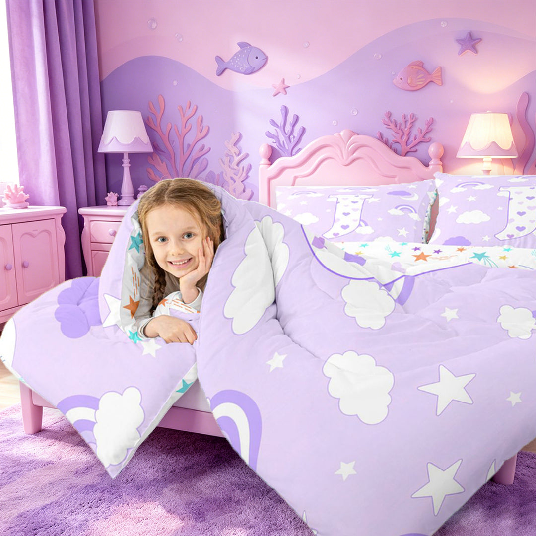 meiyoeat 3D Cartoon Heart Print 7 Pieces Full Size Bedding SetsPurple Initial Alphabet J Full Size Bed in a Bag For Girl,Colorful Stars Reversible