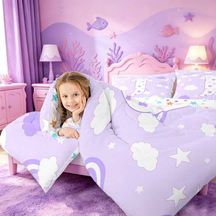 meiyoeat 3D Cartoon Heart Print 7 Pieces Full Size Bedding SetsPurple Initial Alphabet J Full Size Bed in a Bag For Girl,Colorful Stars Reversible