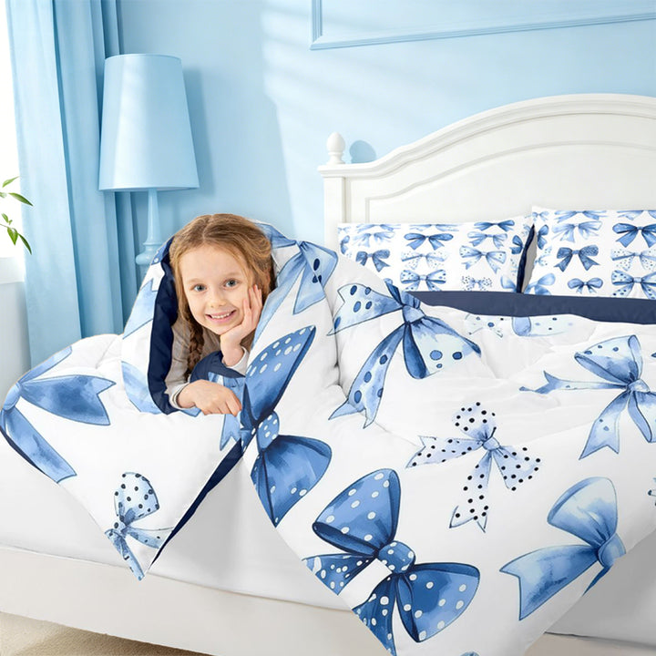 meiyoeat Cute Polka Dots Bow Full Size Comforter Sets For Girls,Blue Coquette Bowknot Bedding Comforter Set For Kids,Navy Blue Reversible,3-Piece