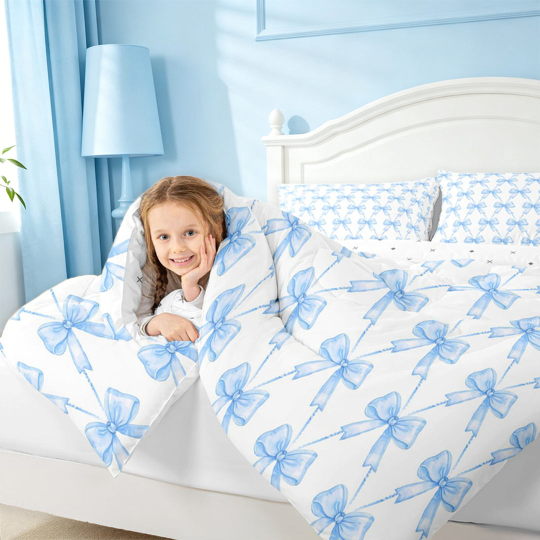 meiyoeat Blue Bowknot Full Size Comforter Sets For Kids Girls,Cute Ribbon Bows Bedding Comforter Set For Bowtie Lovers,Reversible,3 Pieces
