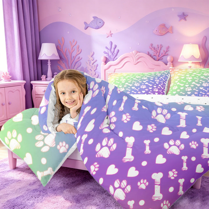 meiyoeat Rainbow Dog Paw Pattern 7 Pieces Full Size Bedding Sets,Cute Pet Print Full Size Bed in a Bag For Girl,Reversible