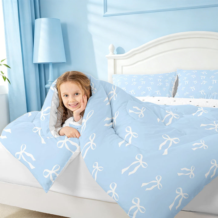 meiyoeat Girly Ribbon Bowknot Full Size Comforter Sets For Girls,Kawaii Bowtie Bedding Comforter Set For Kids,Reversible,3 Pieces