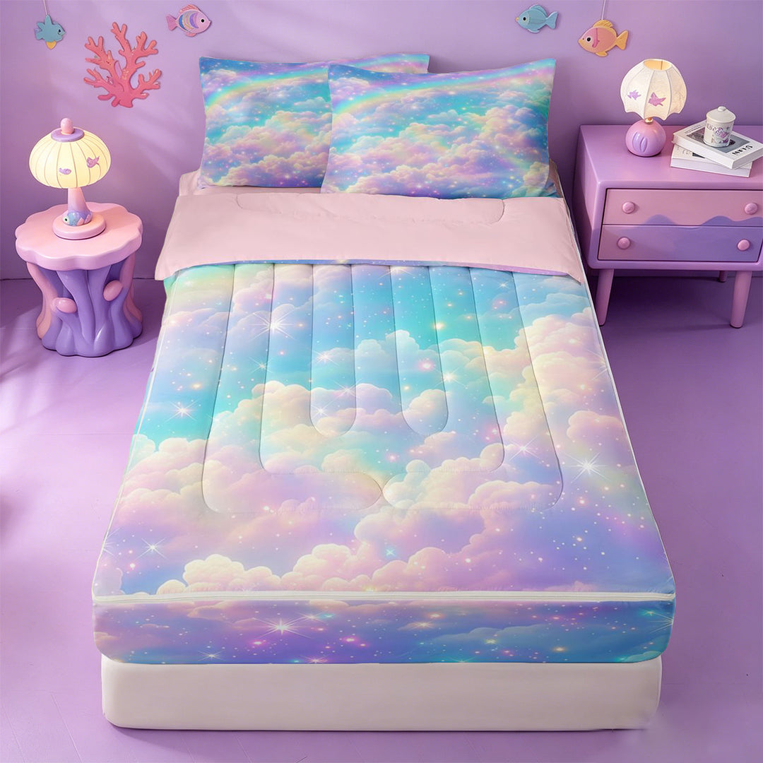 meiyoeat Rainbow Cloud Star Galaxy Zipper Full Size Comforter Sets with Fitted Sheet and 2 Pillowcases,Dreamy Sky Pattern Zipper Bedding Set For Girl,Reversible,4 Pieces