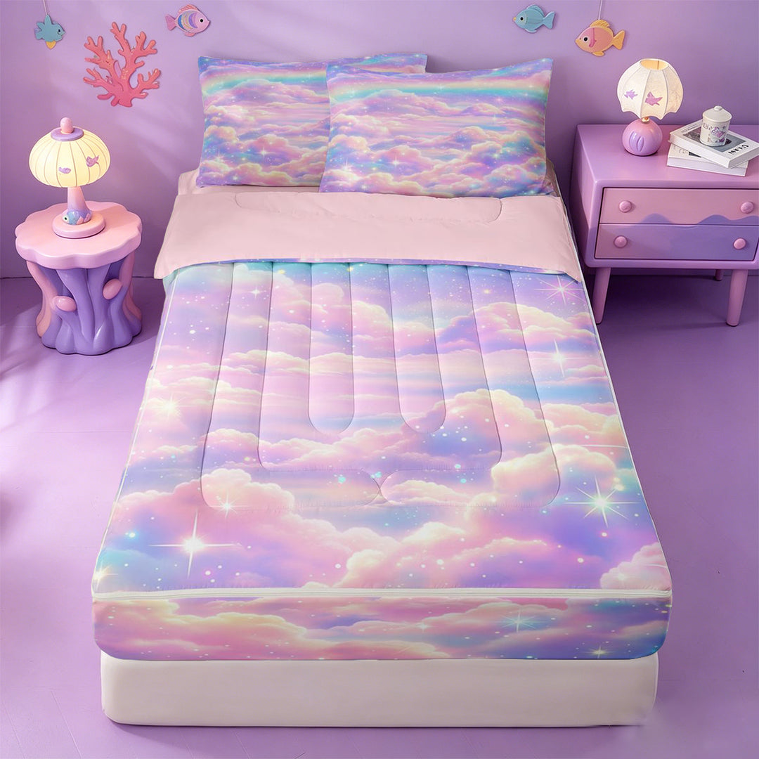 meiyoeat Pastel Cloud Star Zipper Full Size Comforter Sets with Fitted Sheet and 2 Pillowcases,Colorful Rainbow Pattern Zipper Bedding Set For Girl,Reversible,4-Piece