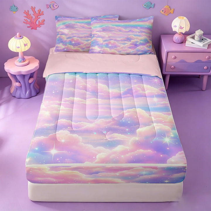 meiyoeat Pastel Cloud Star Zipper Full Size Comforter Sets with Fitted Sheet and 2 Pillowcases,Colorful Rainbow Pattern Zipper Bedding Set For Girl,Reversible,4-Piece