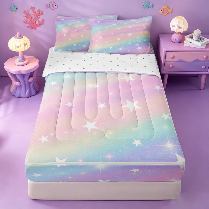 meiyoeat Colorful Gradient Zipper Full Size Comforter Sets with Fitted Sheet and 2 Pillowcases,Cute Rainbow Stars Print Zipper Bedding Set For Girl,Reversible,4 Pieces